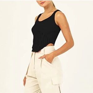 Knit Ribbed Sleeveless Cropped Tank Top Y2K Boho Black Size Large L